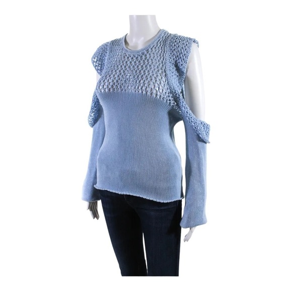 PHILOSOPHY DI LORENZO SERAFINI Blue Cotton Ruffle Cold Shoulder Sweater Size US2 - Picture 7 of 11
